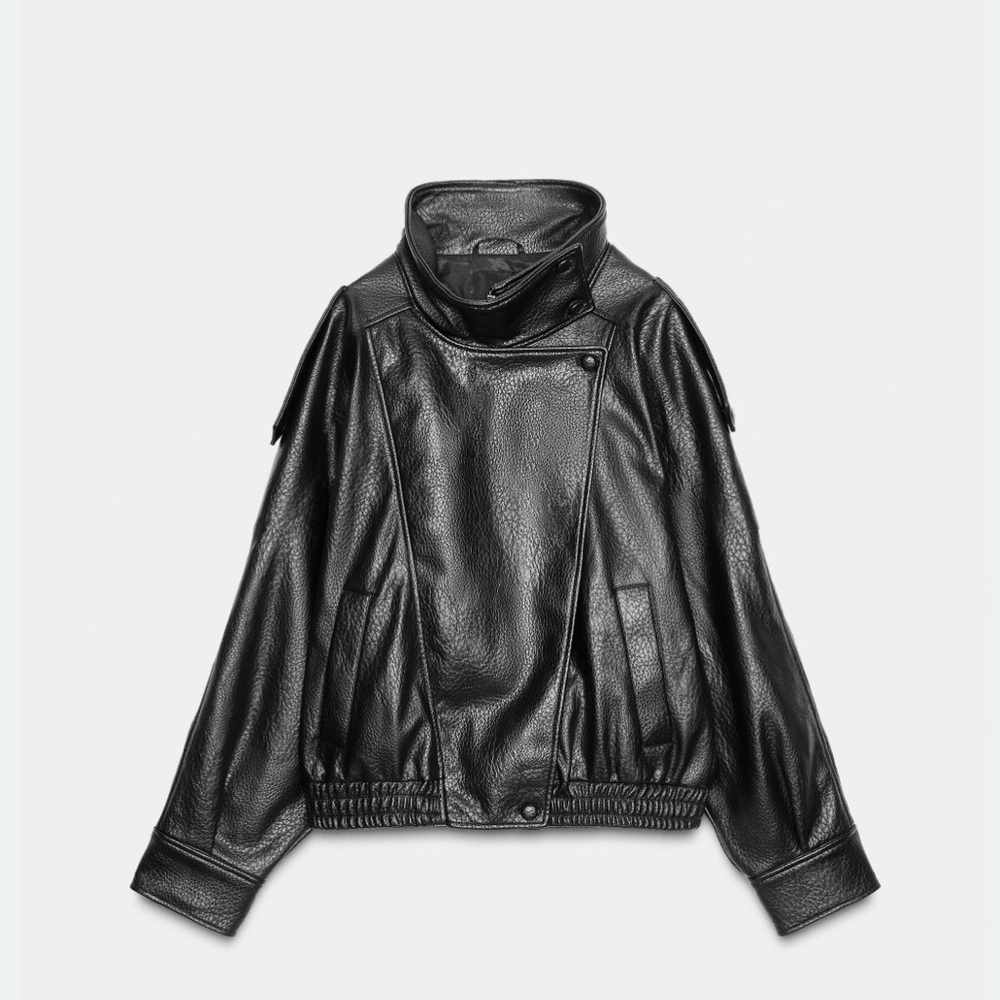 Zara Faux Black Leather-Effect Oversized Biker Jacket - Picture 2 of 8